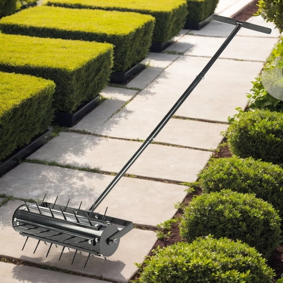 Efficient 17-Inch Lawn Aerator with T-Shaped Handle, Rolling Design for Enhanced Aeration and Soil Health, Sleek Black Finish