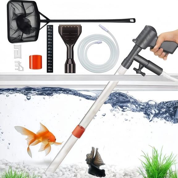 YAKESD Hand Pump & At-Home Aquarium Gravel Vacuum Set, with Thermometers Stick & Fish Net Kit