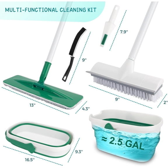 Efficient Floor Cleaning Kit with Mop, Scrub Brush & Foldable Bucket for Home & Outdoor Use