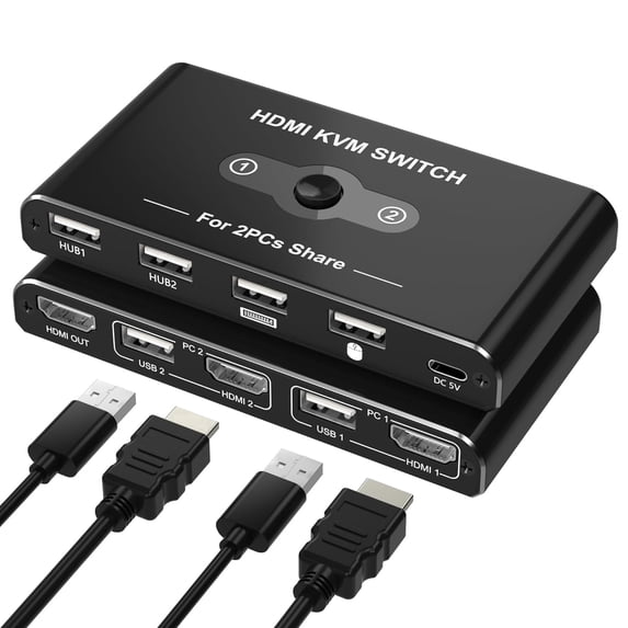 HDMI KVM Switch 2 Port, 2 Computers 1 Monitor, 4K@60Hz, 4 USB 3.0 Ports, Share Keyboard Mouse Printer for PC Mac Laptop
