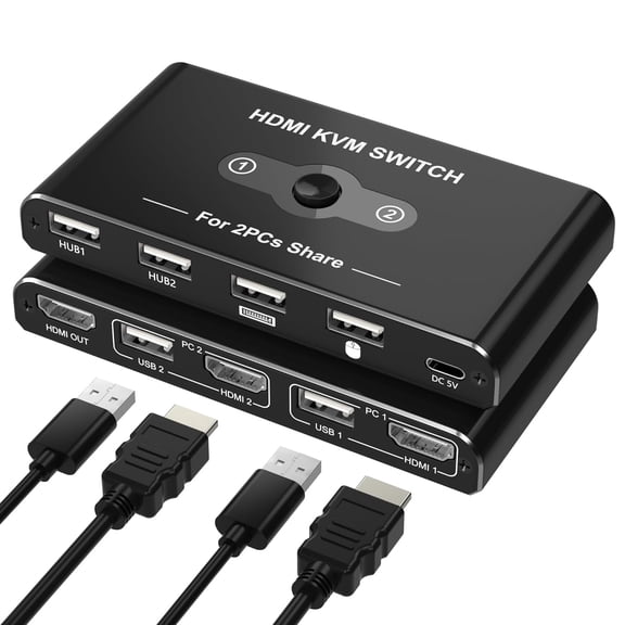 Efficient KVM Switcher 2 in 1 Out for 2 1 Screen with 4K60Hz HDTV-Compatible and USB3.0, HDMI USB Hub Switches for PC/Mac Pro/Laptop, Plug and Play, Share Keyboard Mouse Printer, with 2 USB Cables an