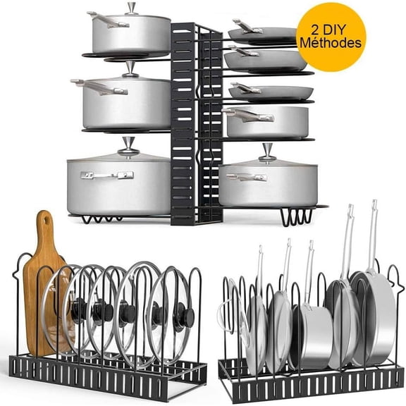 Efficient Kitchen Storage Solution, Wobble-Free Design for Heavy-Duty Iron Cookware, Deep U-Shaped Dividers with Anti-Slip Silicone, Adjustable Pot Racks Offer Flexibility, Black