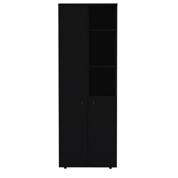 Efficient Kitchen Storage with Custom Shelves / Enclosed Black Cabinet