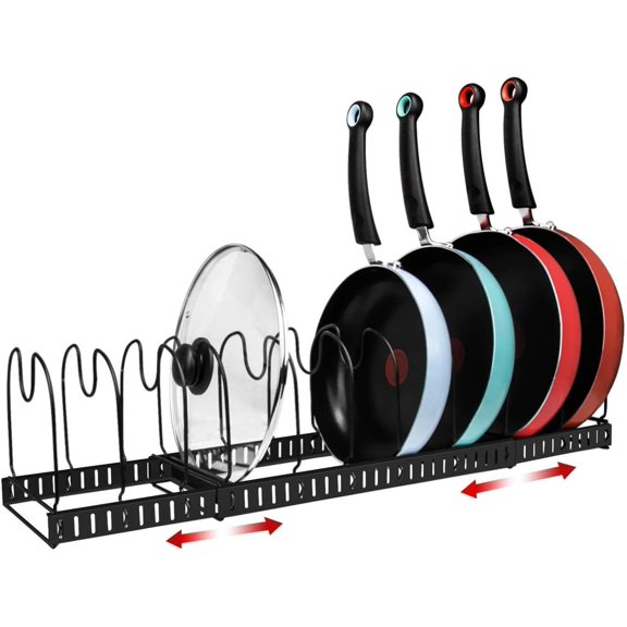 Solid Construction Pan Organizer Rack, Expandable Pot Organizer With Non-Toxic Rubber Feet, Durable Heavy Duty Iron For Kitchen Cabinet Storage, Adjustable Compartments (Black)