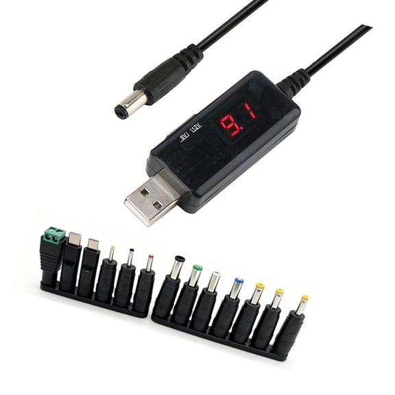 Efficient USB to DC5.5 Boosting Cable with 13 Adapters, 5V to 9V/12V Stable Power for Electronics
