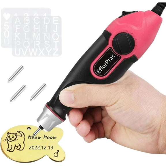 EfforPrac 24W Engraver Pen, 5 Speed Engraving Tool with Letter/Number Stencil, Soft Handle Engraver Tool with Tungsten Carbide Steel Bits for Metal, Stone, Wood, Glass, DIY Crafts