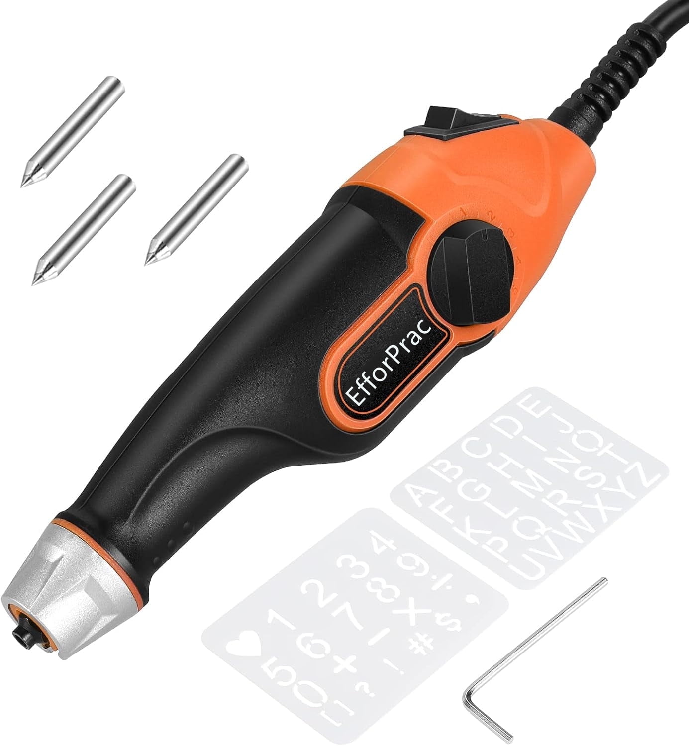 EfforPrac 24W Engraver Pen, 5 Speed Engraving Tool with Letter/Number Stencil, Soft Handle Engraver Tool with Tungsten Carbide Steel Bits for Metal, Stone, Wood, Glass, DIY Crafts