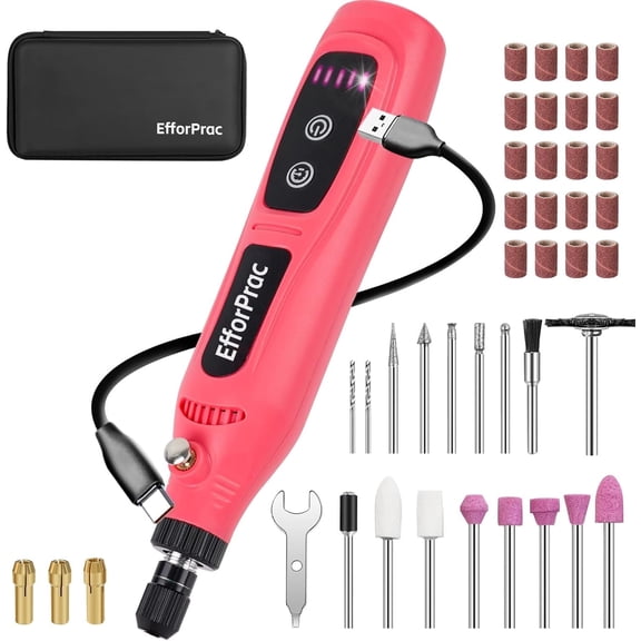 EfforPrac 3.7V Cordless Rotary Tool Kit with 43 Accessories for Pet Nails Grinding, Woodworking, DIY Crafts Engraving (Pink)