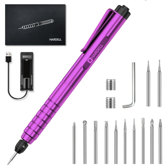 EfforPrac Electric Engraving Pen Kit with 6 Rotating Grinding Heads, Cordless Mini Quiet Engraving Tool for Jewelry, Glass, Wood, Stone, Metal (Purple)