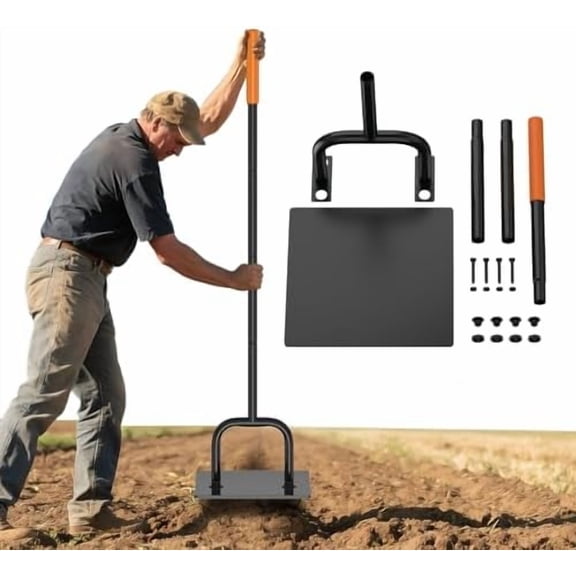 Effort-Saving Ergonomic Garden U-Shaped Steel Tamper,10x10Inch, 3Sections, 57Inch Overall Length, with Rubber Grip, for Compacting Soil, Gravel, Asphalt and Driveways, Garden Landscaping Tools