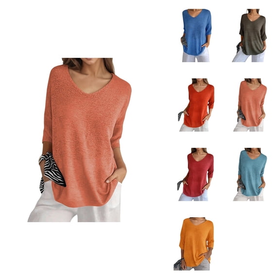 Effortless Casual Knit Top For | Solid Pullover With 3/4 Sleeves And V Neck Lightweight Sweater