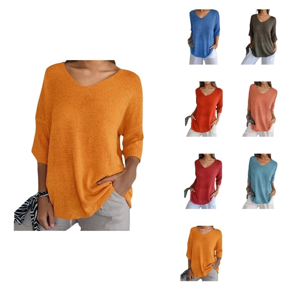 Effortless Casual Knit Top For | Solid Pullover With 3/4 Sleeves And V Neck Lightweight Sweater