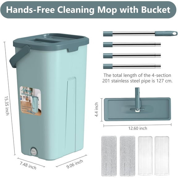 Mop and Bucket with Wringer Set, Flat Wall Mop and Bucket System with 4 Microfiber Pads for Hardwood Tile Windows Corners