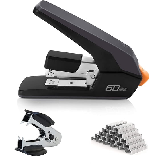 Effortless Heavy Duty Stapler, One Touch Stapling, Easy to Load Ergonomic 60 Sheet Capacity, Includes 2000 Staples and Staple Remover for Desktop