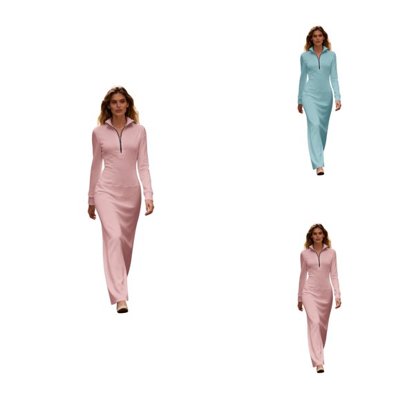 Effortless Slim Fit Long Casual Dress for Women, Half Zip Stand Collar with Gentle Waist Definition, Solid V-Neck Plush Fabric for Autumn/Winter