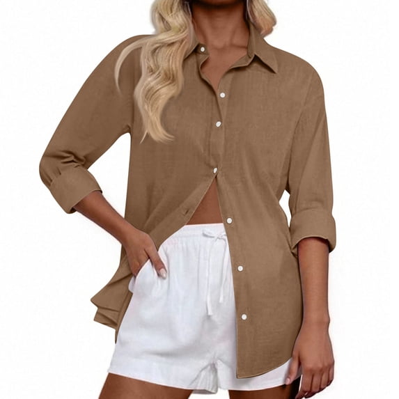 Effortless Solid Color Everyday Shirt, Long Sleeve Button-Up Top with Airy Loose Fit & Moisture-Wicking Comfort Technology,Light Brown 2XL