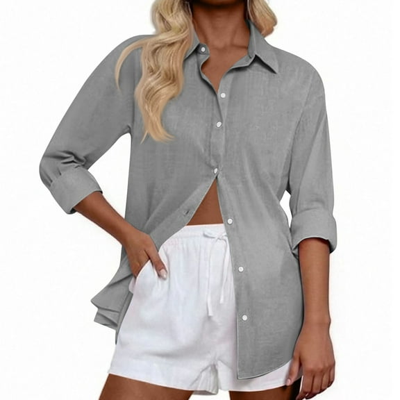 Effortless Solid Color Everyday Shirt, Long Sleeve Button-Up Top with Airy Loose Fit & Moisture-Wicking Comfort Technology,Light Gray XL