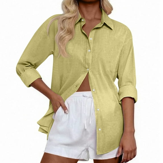 Effortless Solid Color Everyday Shirt, Long Sleeve Button-Up Top with Airy Loose Fit & Moisture-Wicking Comfort Technology,Yellow 2XL