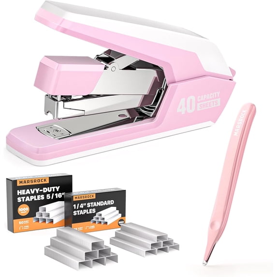 Effortless Stapler for Desk with 40-50 Sheet Capacity, 2000 Staples, 1-Touch Stapling, Ergonomic & Easy to Load Desktop Staplers, Heavy Duty Stapler, and Magnetic Staple Remover, Pink