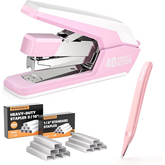 Effortless Stapler for Desk with 40-50 Sheet Capacity, 2000 Staples, 1-Touch Stapling, Ergonomic & Easy to Load Desktop Staplers, Heavy Duty Stapler, and Magnetic Staple Remover, Pink