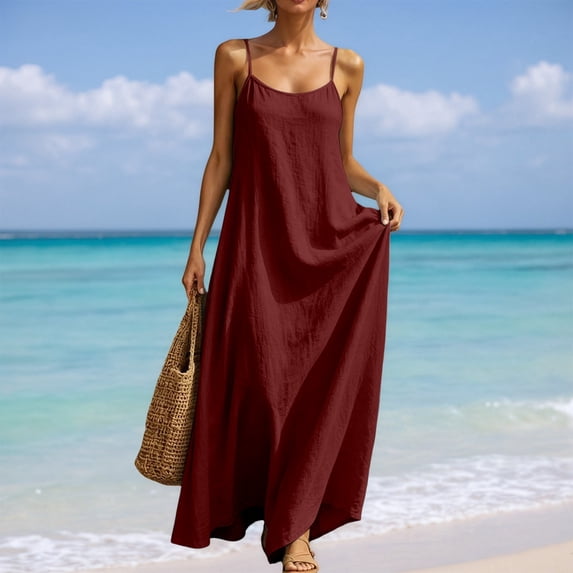 Effortless Summer Bohemian Dress for Everyday Wear Lightweight Loose Fit Sleeveless V-Neck -Free Classic Red XL