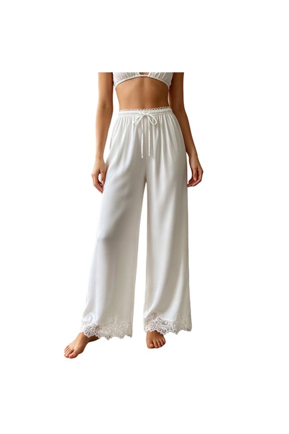 Womens Wide Leg Pants Effortless Drape Trousers with Soft and Relaxed Waist Elegant Loose Elastic Waist Pants for Women White,S