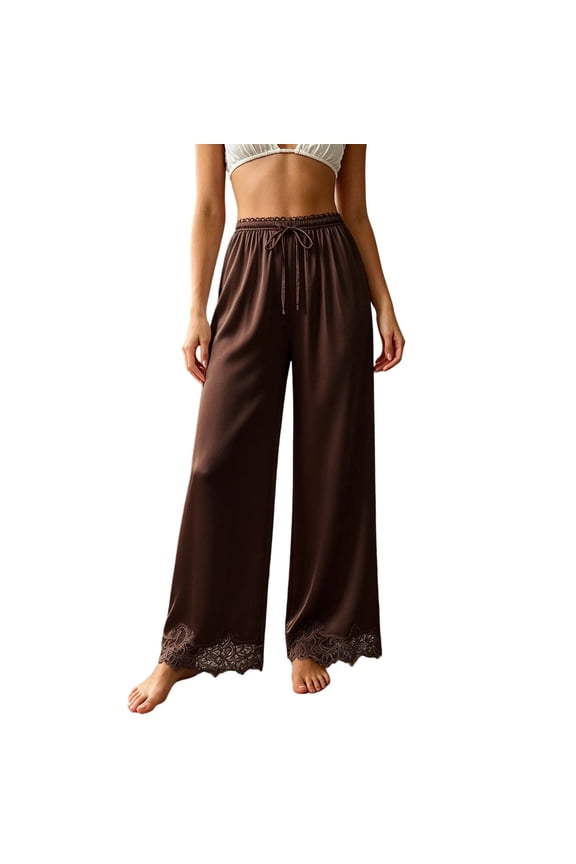 Womens Wide Leg Pants Effortless Drape Trousers with Soft and Relaxed Waist Elegant Loose Elastic Waist Pants for Women Brown,S