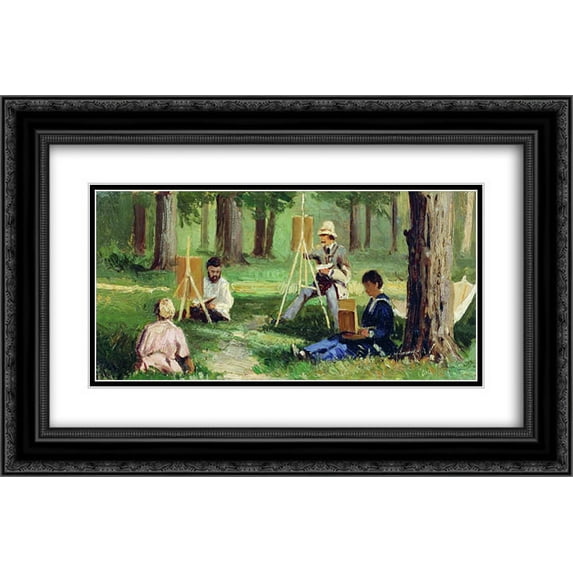 Efim Volkov 2x Matted 24x16 Black Ornate Framed Art Print 'Artists in the Open Air'