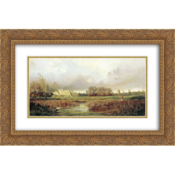 Efim Volkov 2x Matted 24x16 Gold Ornate Framed Art Print 'Marsh in Autumn'