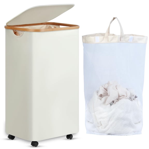 Efluky Laundry Basket with Wheels,100L Rolling Laundry Hamper with Lid and Removable Bag, Dirty Clothes Basket with Wheels for Laundry Room, Bedroom & Bathroom, Beige