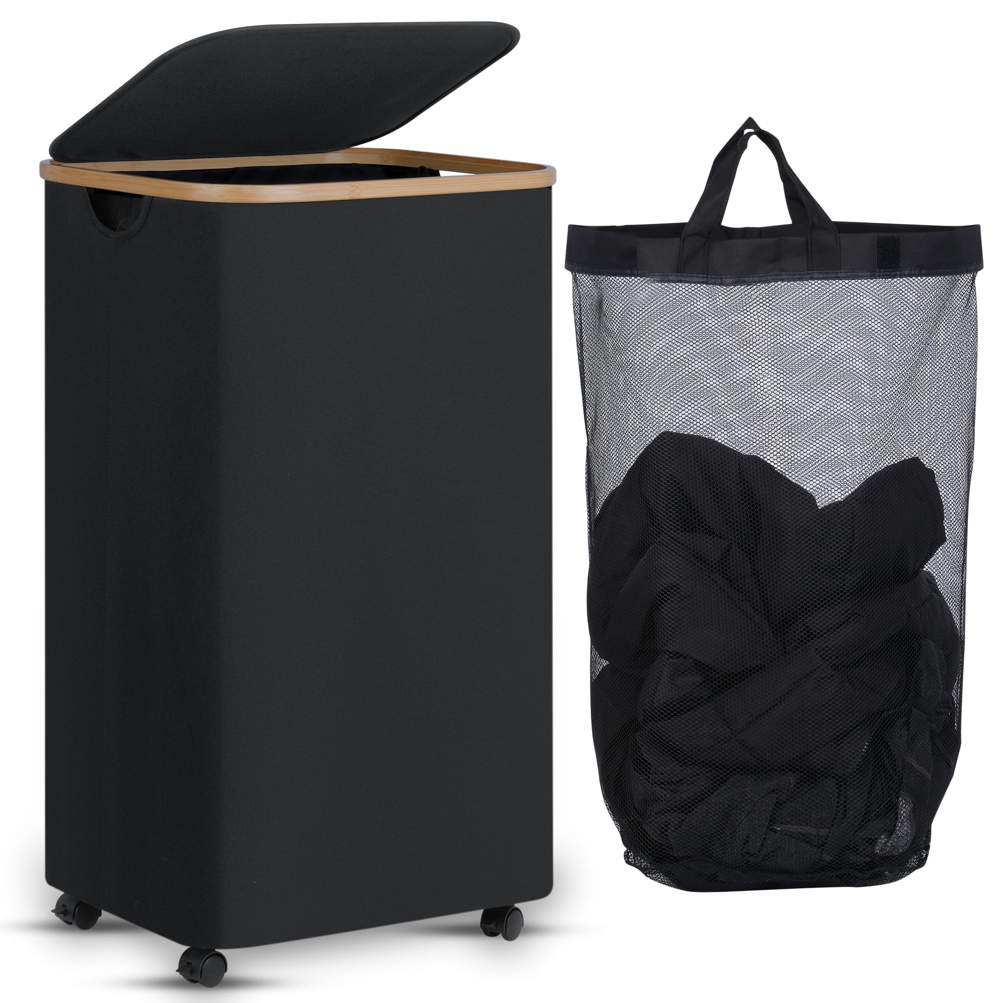 Efluky Laundry Basket with Wheels,100L Rolling Laundry Hamper with Lid and Removable Bag, Dirty Clothes Basket with Wheels for Laundry Room, Bedroom & Bathroom, Black - Walmart.com