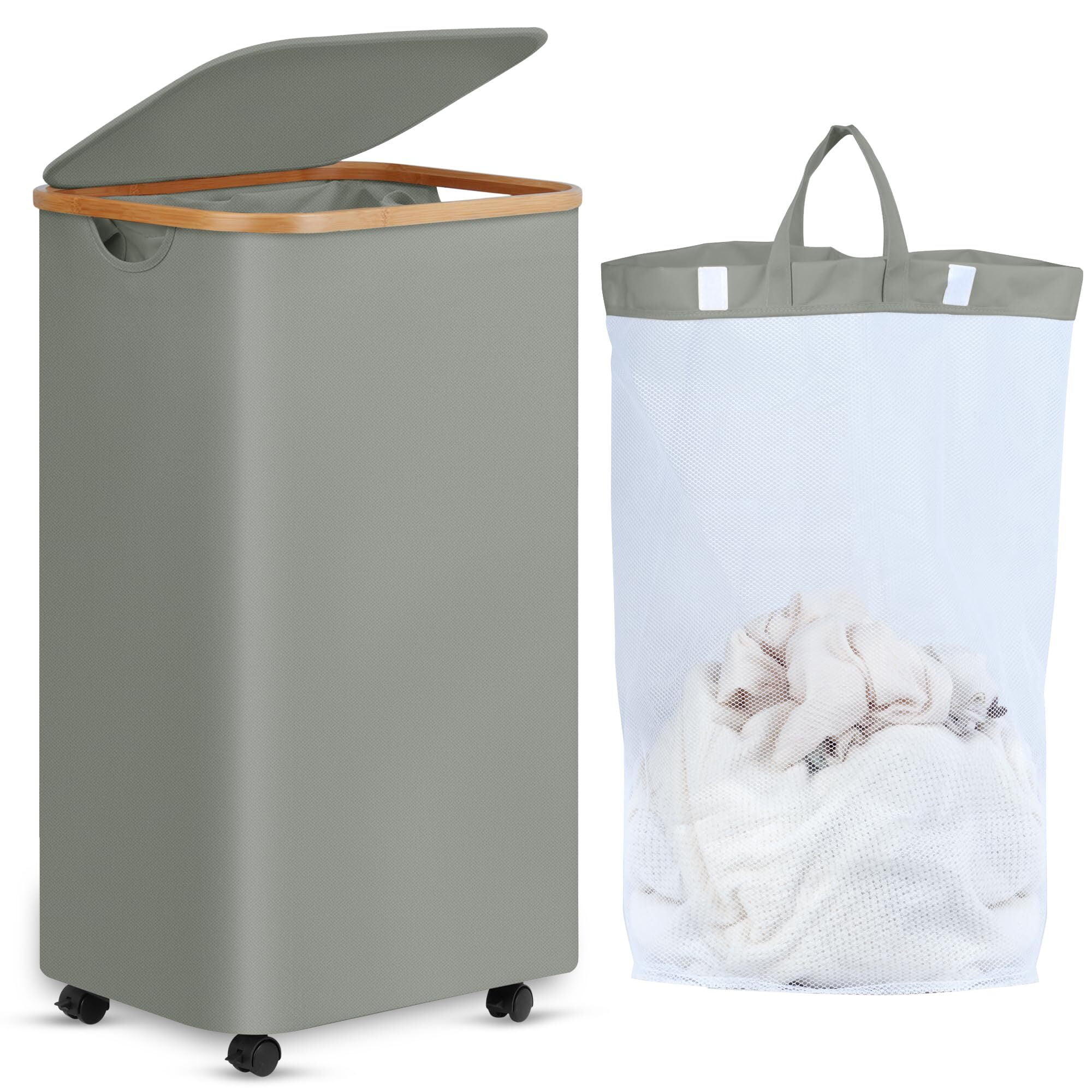 Tall Grey Laundry Basket with Bamboo Lid and Wheels