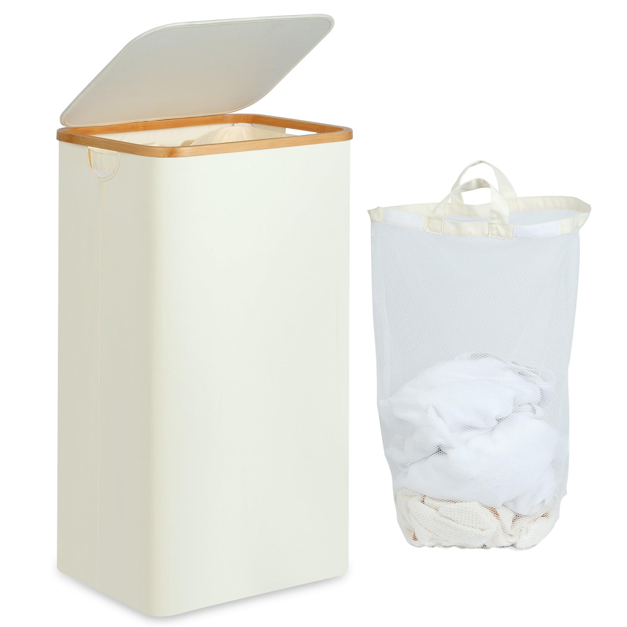 Efluky Laundry Hamper with Lid, 100L Tall Laundry Basket with Bamboo Handles for Clothes and Toys, Collapsible Laundry Hamper with Inner Bag for Bedroom and Bathroom, Beige