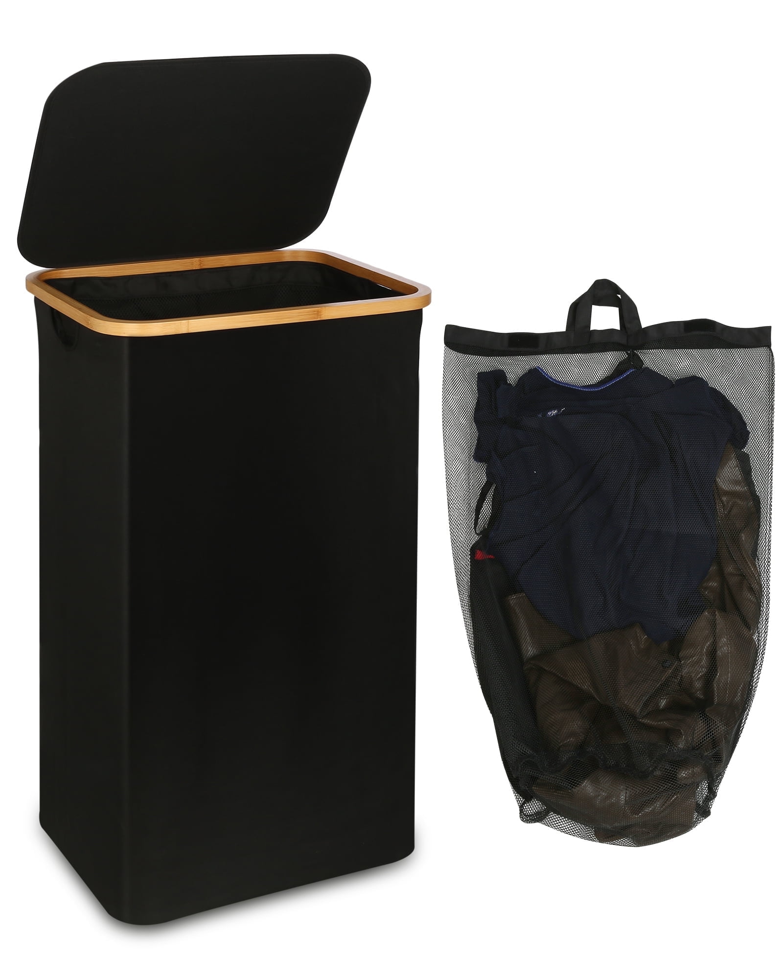 Efluky Laundry Basket with Lid and Removable Bag, 100L Tall Laundry Hamper with Bamboo Handles, Aesthetic Dirty Clothes Bin for Laundry Room, Bathroom, Bedroom and Dorm, Black - Walmart.com