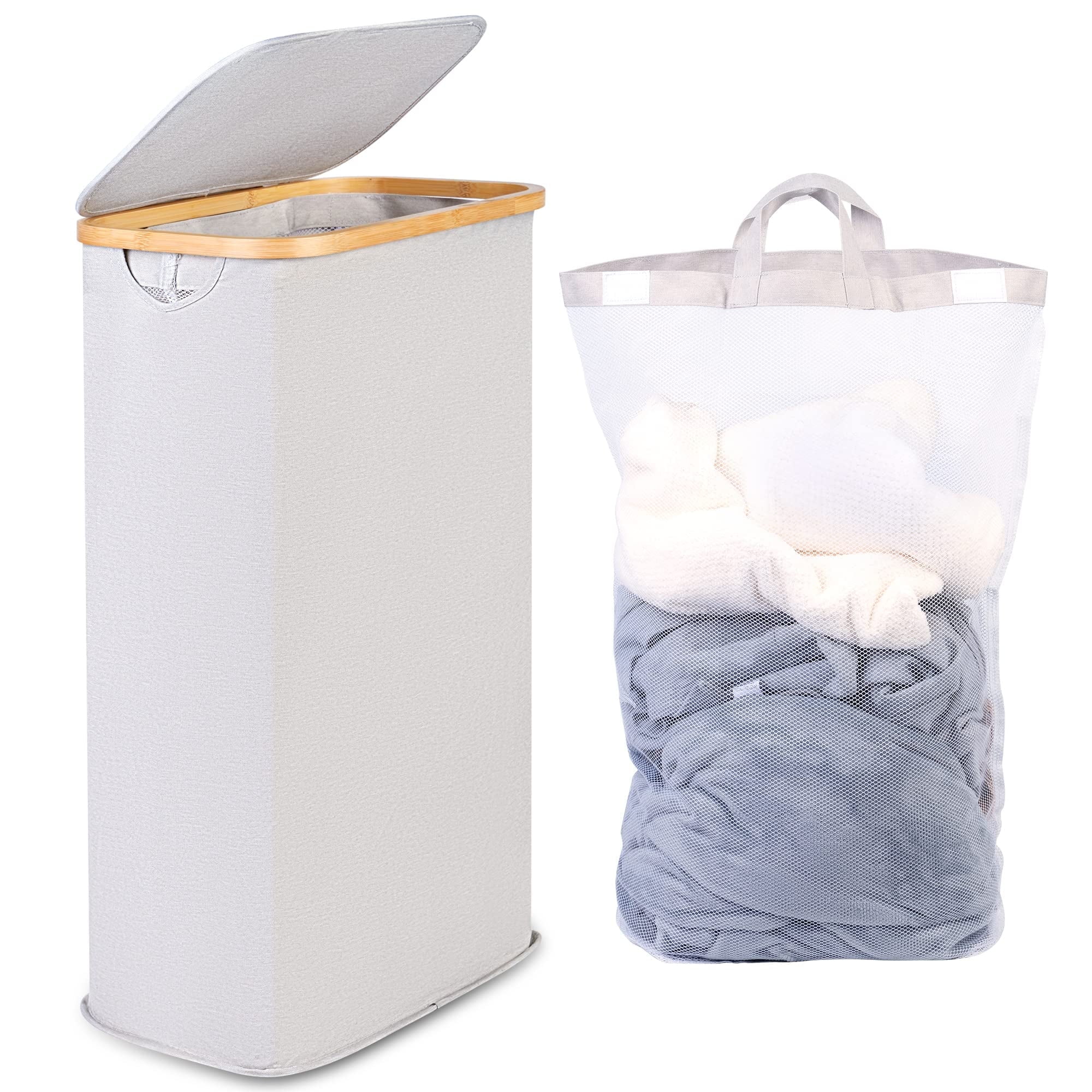 Efluky Slim Laundry Basket with Lid,63L Narrow Laundry Hamper with Removable Bag, Skinny Dirty Clothes Basket with Bamboo Handles for Bathroom, Bedroom & Laundry Room,Light Grey