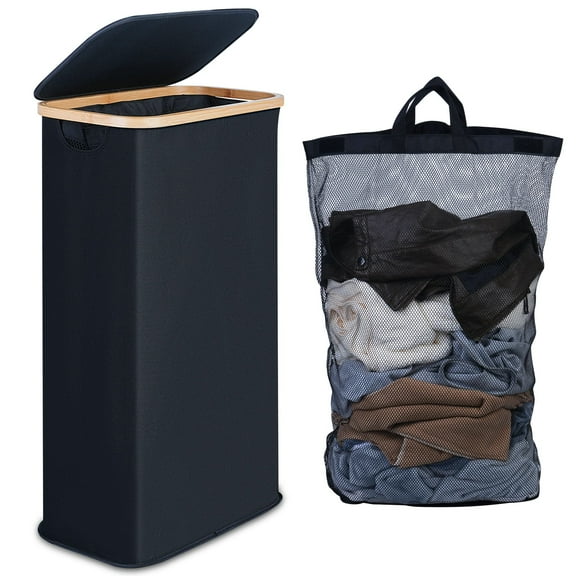 Efluky Slim Laundry Basket with Lid, Narrow Laundry Hamper with Removable Bag, Skinny Dirty Clothes Basket with Bamboo Handles for Bathroom, Bedroom & Laundry Room, 63L Black