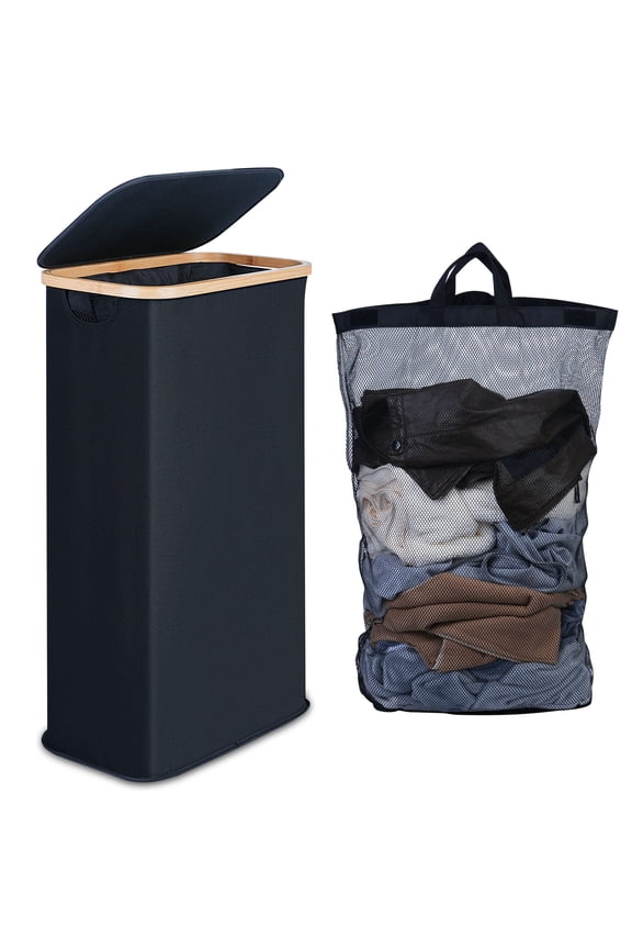 Slim Laundry Basket with Lid, Narrow Laundry Hamper with Removable Bag, Skinny Dirty Clothes Basket with Bamboo Handles for Bathroom, Bedroom & Laundry Room, 63L Black