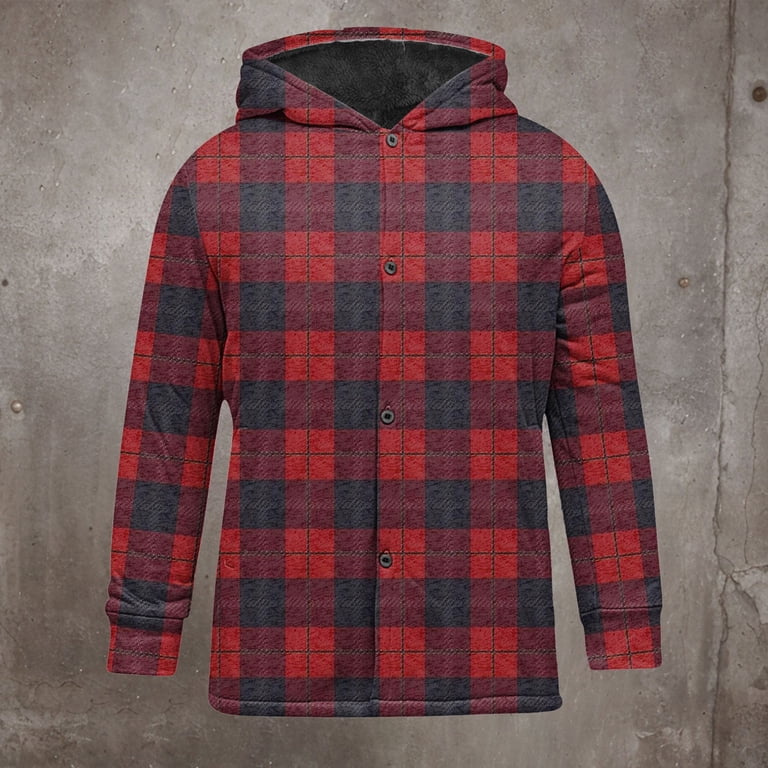 Efngkp Mens Hooded Thermal Check Lumberjack Fur Fleece Lined