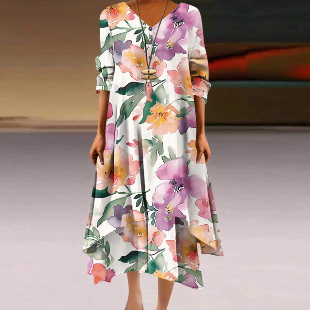 Efngkp Women V Neck 3/4 Sleeve Midi Dress Vintage Ethnic Print Ruffle