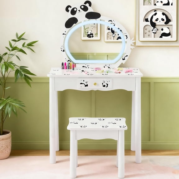 Efoee 2 in 1 Vanity Set with Lighted Mirror, Cute Zebra-Shaped Pretend Play Makeup Desk with Large Drawer, Dressing Table & Chair Set for Little Girls, Pink