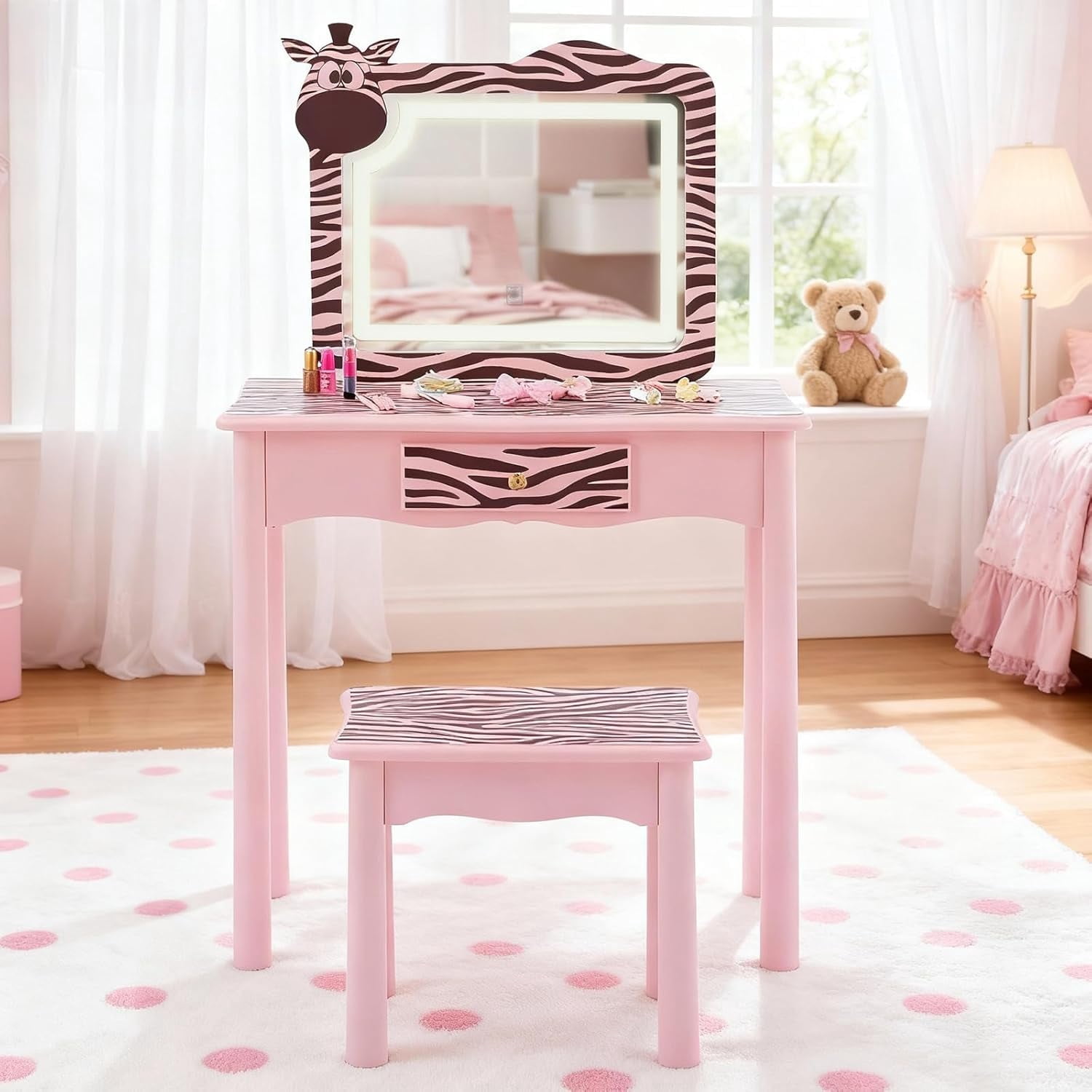 Efoee 2 in 1 Vanity Set with Lighted Mirror, Cute Zebra-Shaped Pretend