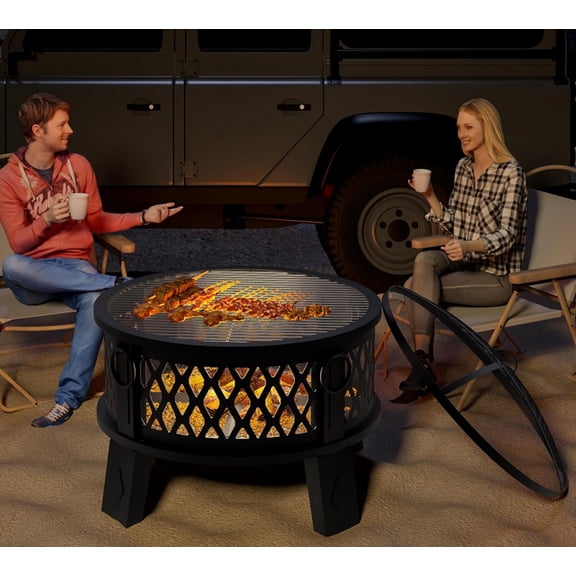 Efoee 26" Steel Fire Pit with Grill & Diamond Mesh Design,360 Airflow Tech for 80% Less Smoke,XL Flames,Heavy-Duty Portable Outdoor Fire Bowl for Camping, Backyard, Beach (22lbs, 4 Handles)