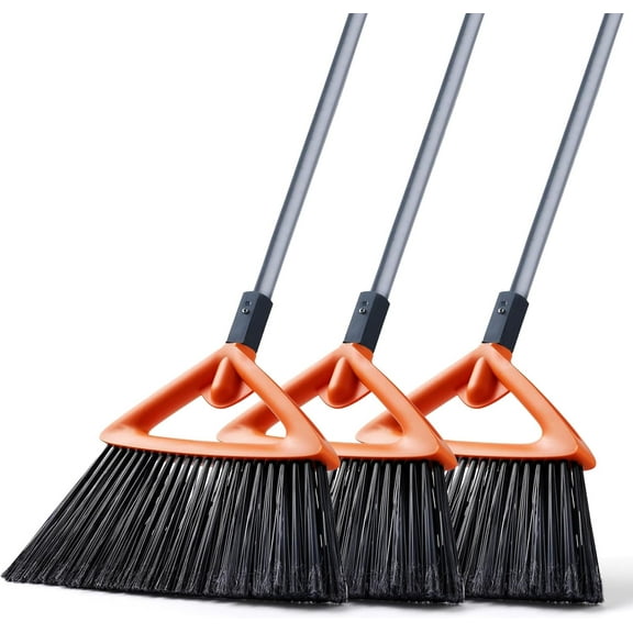Efoee 3 Pack Heavy Duty Outdoor Broom with Long Handle for Patio,Lobby,Garden,Kitchen,Deck,Yard,Sweeping -Commercial Grade Angle Broom with Stiff Bristles and Sponge Handle
