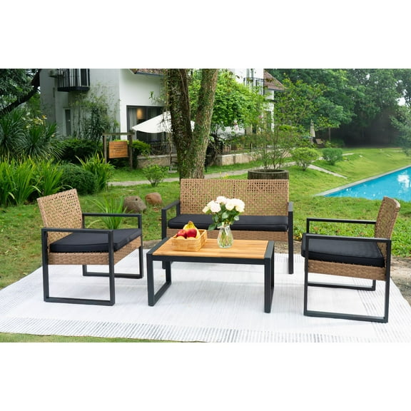Efoee 4 Pieces Patio Conversation Set, Wicker Outdoor Furniture Set for 4, All Weather Outdoor Seating Set, Rattan Loveseat & Chairs with Cushions & Coffee Table，Brown and Navy Blue
