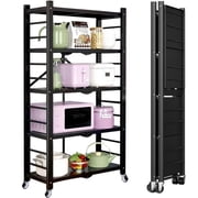 Efoee 5-Tier Storage Shelving Unit, Metal Shelf, Foldable Storage Shelf with Wheels, Garage Shelf, Kitchen Shelf, 397lbs Capacity, Black