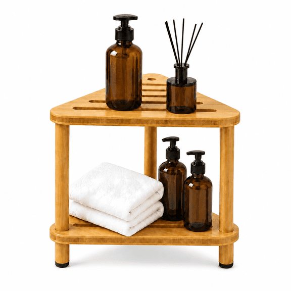 Efoee Bamboo Corner Shower Stool for Inside Shower, Waterproof 2-Tier Waterproof Shower Bench with Storage Shelf for Bathroom, for Shaving Leg