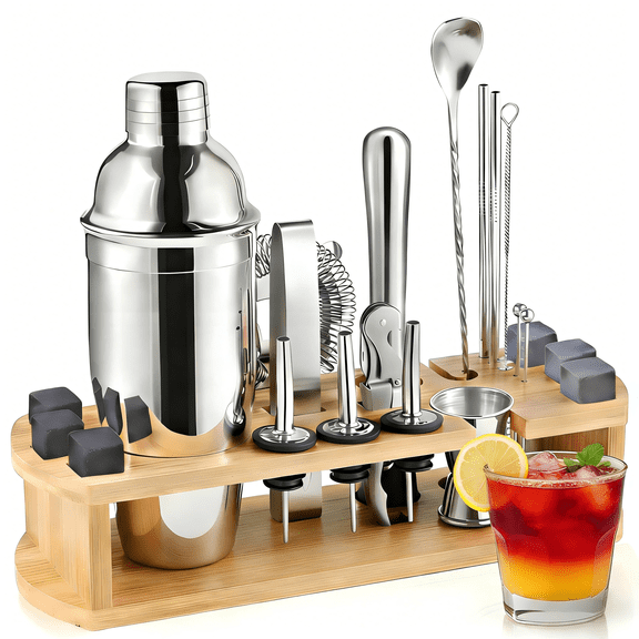 Efoee 22Pcs Cocktail Shaker Set,Stainless Steel Bartender Kit with Bamboo Stand,Full Bar Cart Accessories for Home Party, Perfect Housewarming Gift