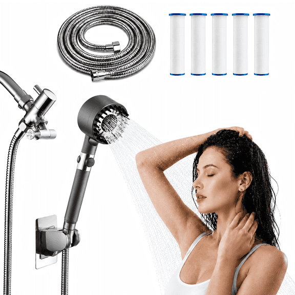 Efoee Filtered Shower Head with Handheld, High Pressure 3 Spray Modes Shower Heads with 59“Shower Hose and 5 Replaceable Water Softener Filters, Hard Water Filtered Shower head with On/Off