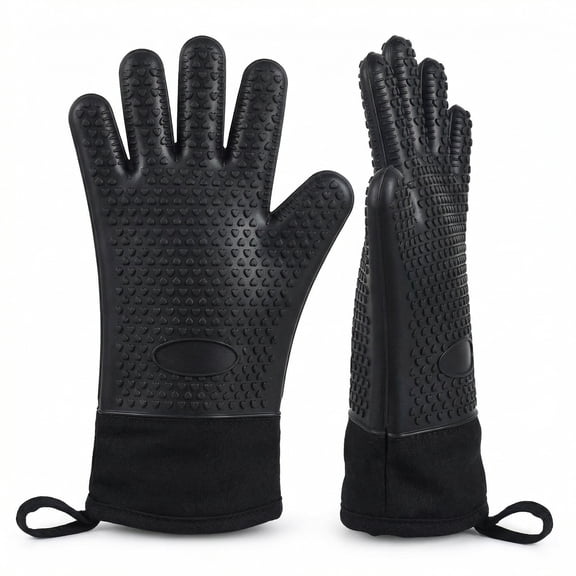 Efoee 2Pcs BBQ Gloves,Silicone Heat Resistant Gloves for Cooking,Grilling,Baking, Black