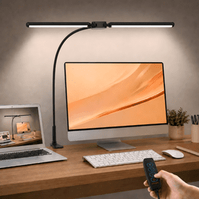 Efoee LED Desk Lamp for Office Home, Double Head Computer Monitor Table Light with 3 Lighting Modes,Eye Caring Architect Lamp with Clamp Flexible Gooseneck,Adjustable Work Study Accessories